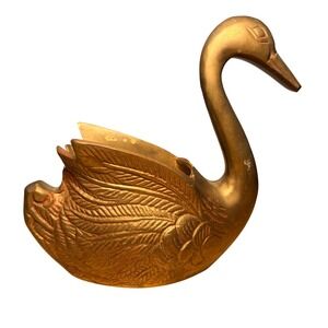 Vintage Brass Swan Planter‎ Deep Catchall Feather Details MCM Decor 6" Tall